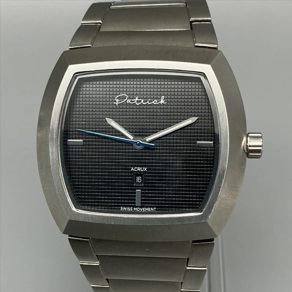 Patrick Acrux Mens Watch 40mm Black Dial Stainless Date Bracelet New Batttery 7